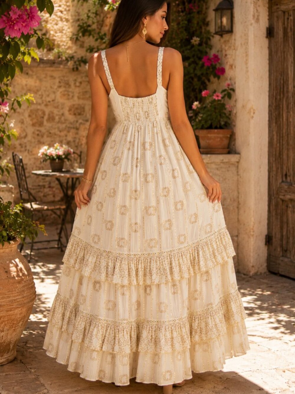 Boho Lace Maxi Dress Cream Tiered | Coastal Beach Vacation Resort Sundress - Picture 2 of 4